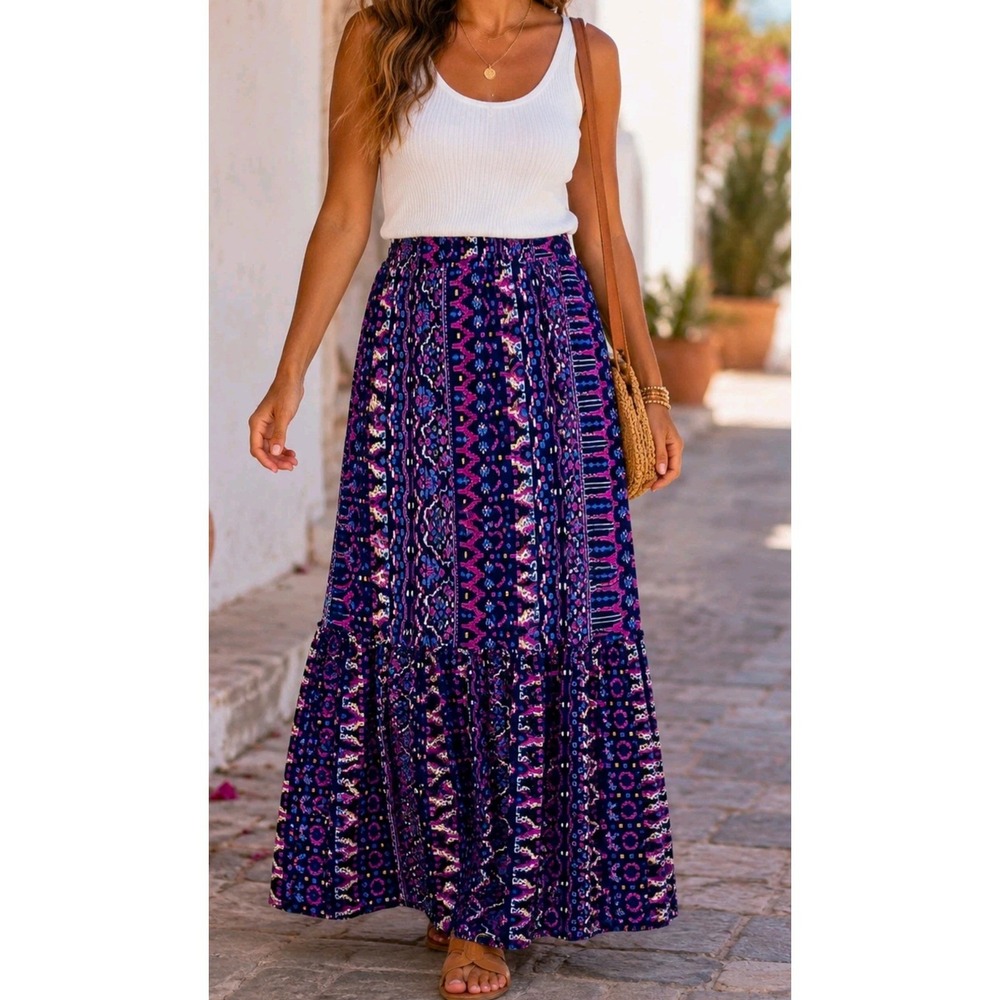 Women's Knox rose Tired maxi skirt Geometric print flowy pockets boho size L